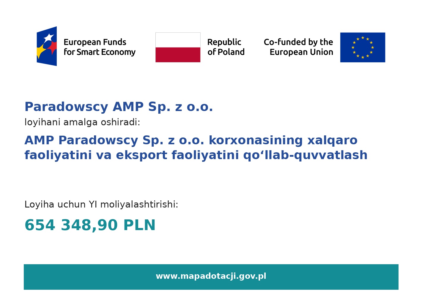 AMP Paradowscy Sp. z o.o. korxonasining xalqaro faoliyatini va eksport faoliyatini qo‘llab-quvvatlash
