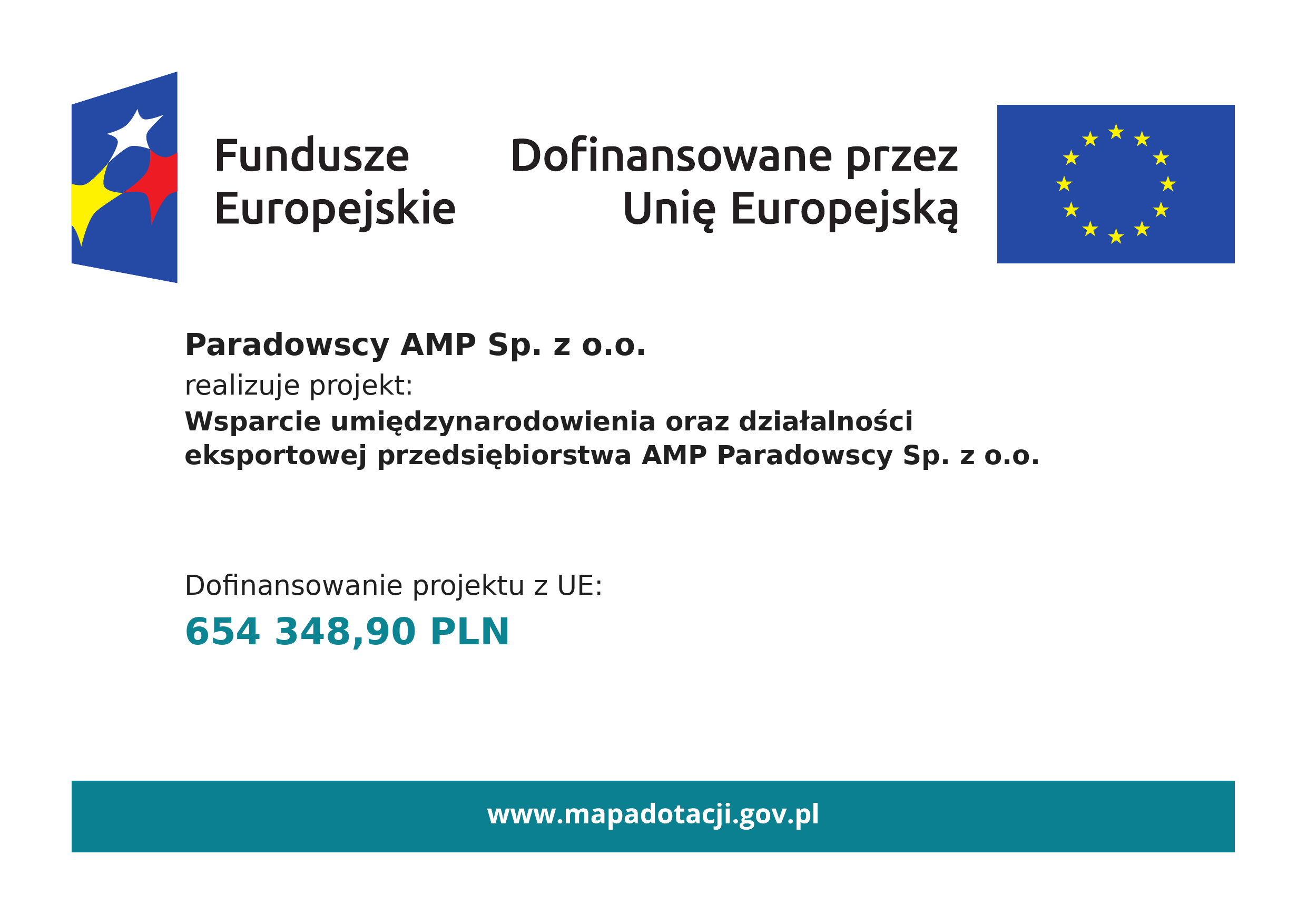 Plakat projektu: Wsparcie umiędzynarodowienia oraz działalności eksportowej przedsiębiorstwa AMP Paradowscy Sp. z o.o.